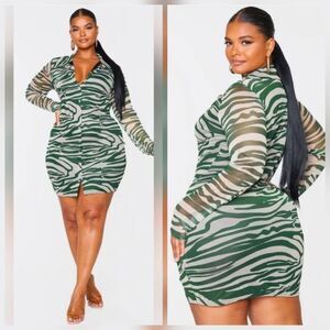 PrettyLittleThing Zebra Print Mesh Bodycon Mini Shirt Dress Sz. 18